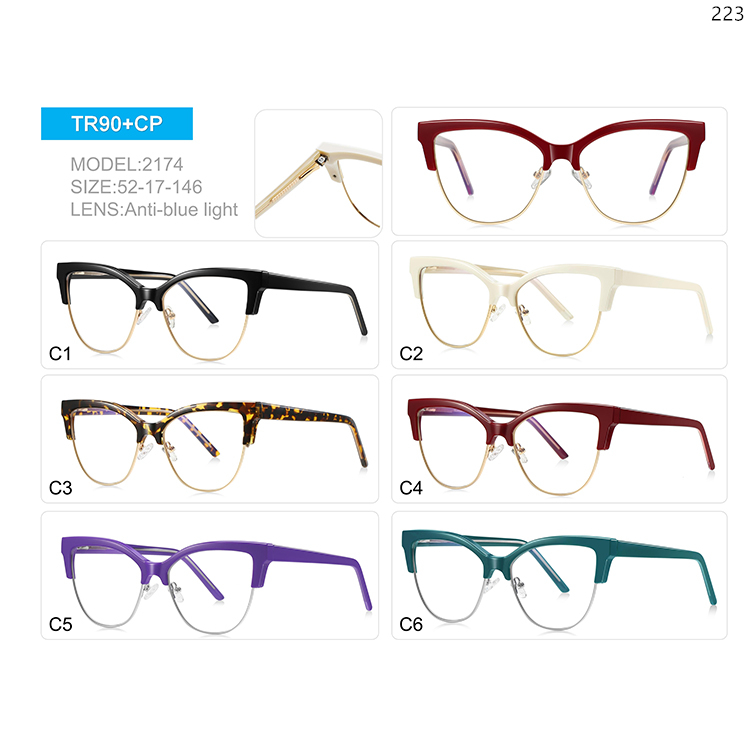 2174-78 High Quality TR+Metal Cateye Ladies Blue Light Glasses with Custom Packaging (1)